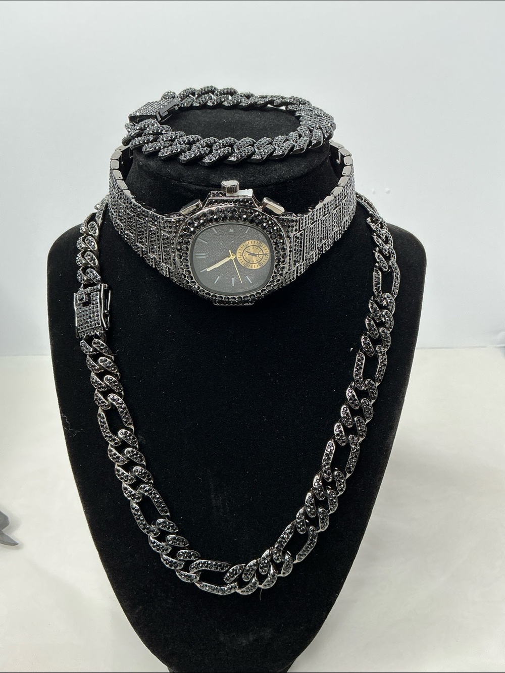 Men's SS Watch w/ Black Monaco Link Chain Necklace 20”- VVS CZ